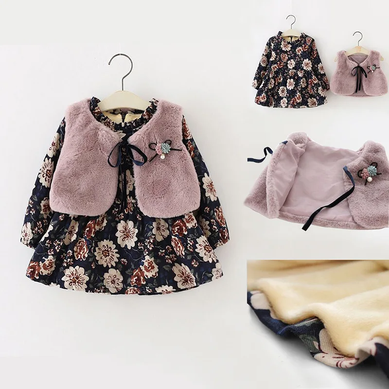 

2018 Winter New Style Girls Solid Color Flower Printing plus Velvet Furry Waistcoat Two-Piece Set Children a Generation of Fat