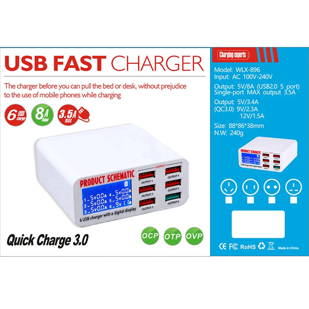 6 USB зарядное устройство розетка Быстрая зарядка 3,0 зарядная станция быстрое зарядное устройство адаптер питания ЖК-дисплей для IPhone X XS 8 xiaomi samsung