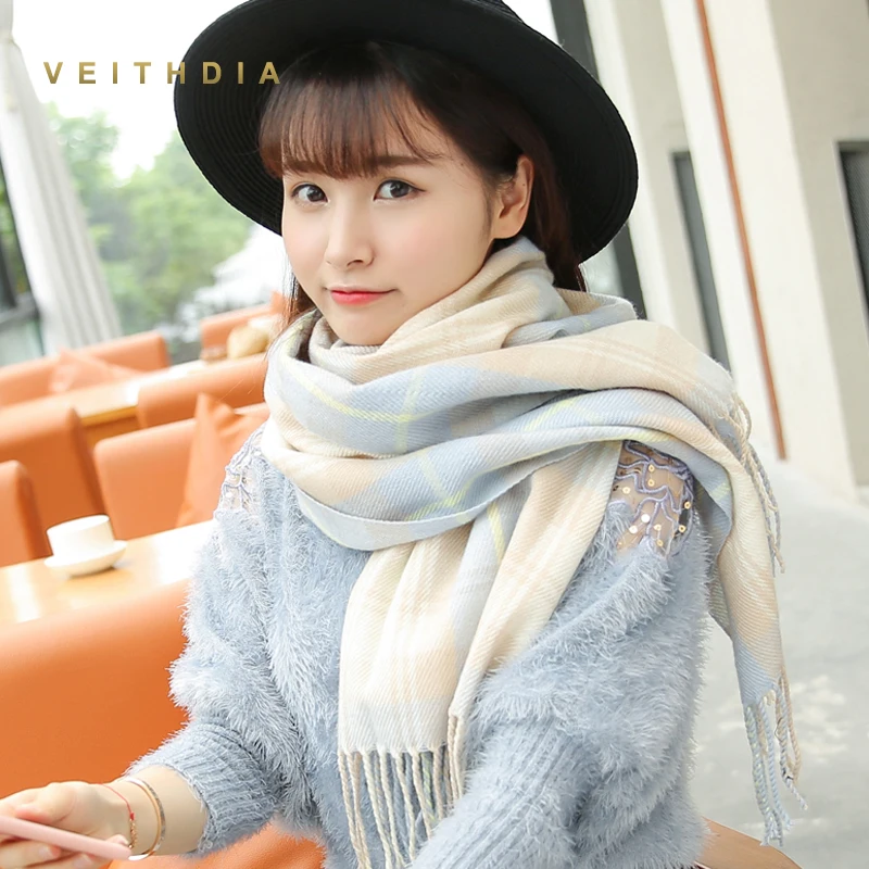 

VEITHDIA 2020 New Autumn Winter Female Wool Plaid Scarf Women Cashmere Scarves Wide Lattices Long Shawl Wrap Blanket Warm Tippet