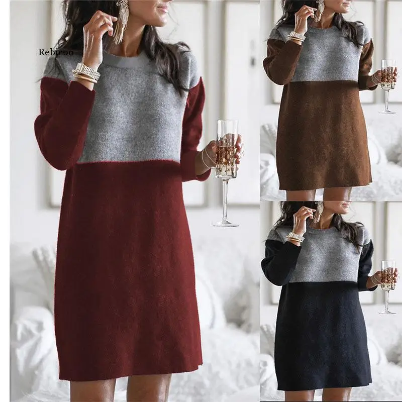 

New Women Casual O-Neck Loose Patchwork Pullover Sweater Dress Fashion Elegant Female Autumn Winter Knit Dress