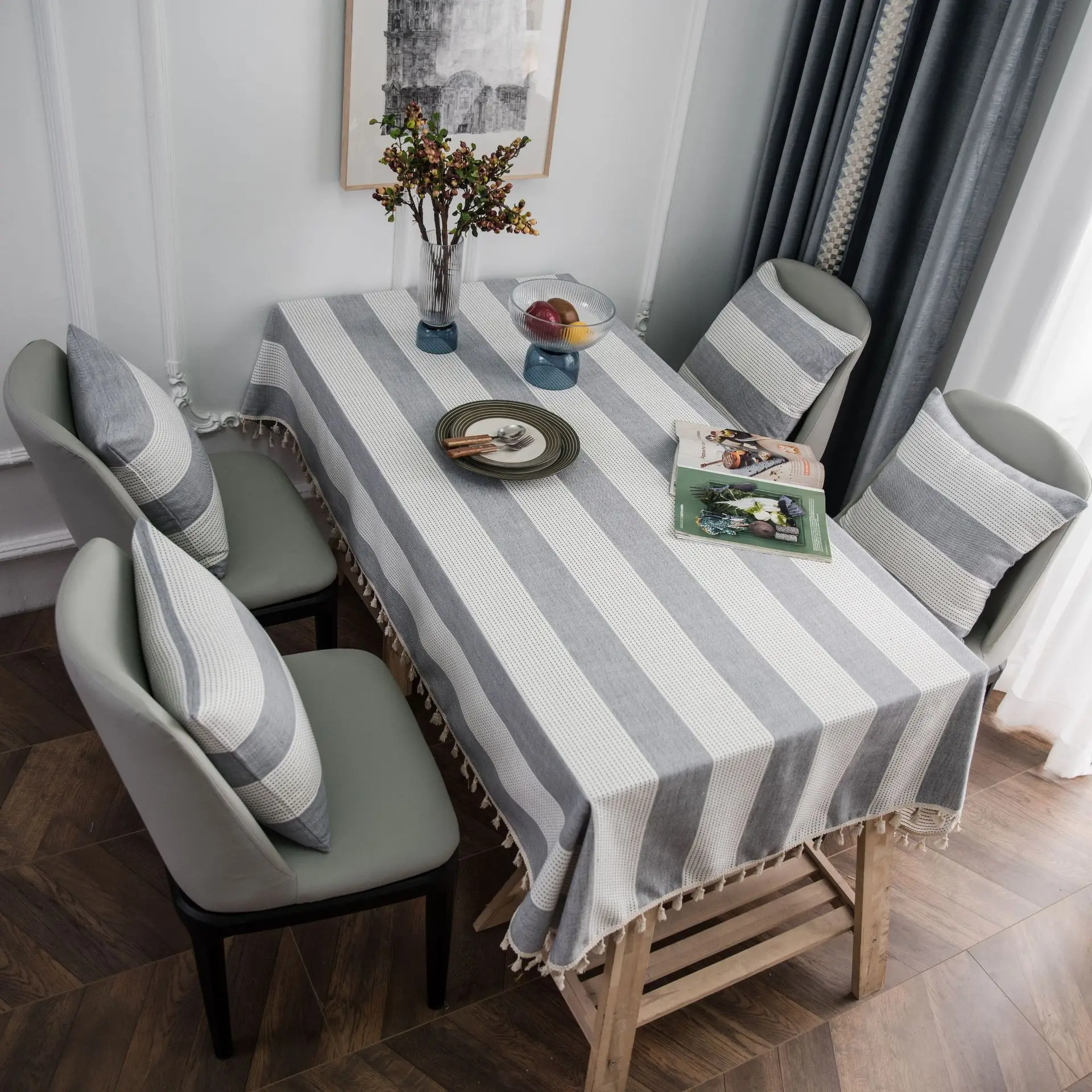 

Color woven table cloth simple Nordic Grey Stripe table cloth cotton like linen rectangular tea table