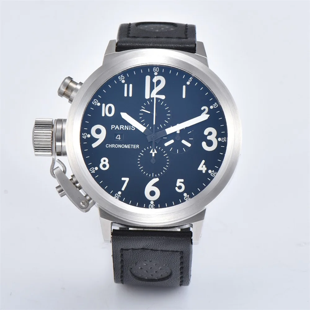 Мужские часы Parnis 50 мм с кожаным ремешком светящиеся спортивные календарем