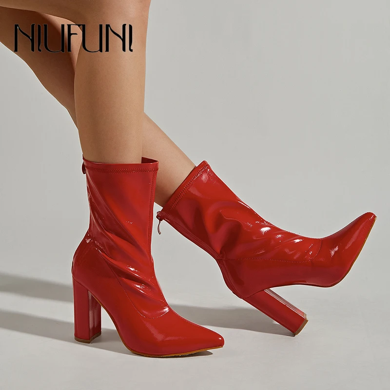 Women Fashion High Heel Dress Ankle Boots Rivets Pointed Toe Stiletto Martin Short Booties