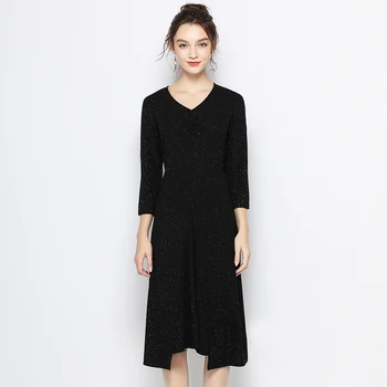 

EC.MS Women 3/4 Sleeve V Neck Sequins Irregular Hem Office Lady Plus Size 5XL Midi Dresses