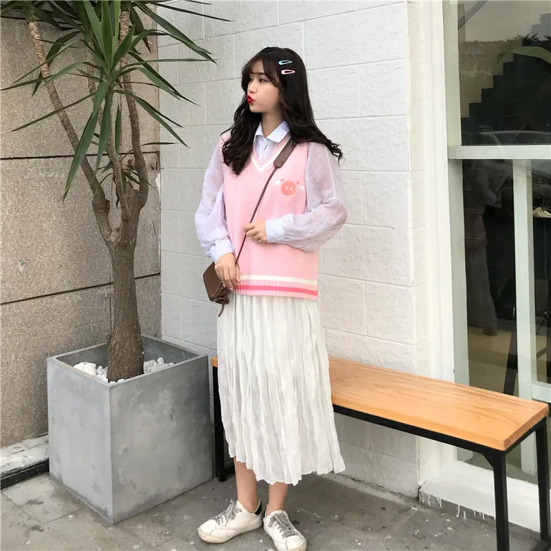 Ulzzang Свободный корейский стиль студентов вышитые мягкие девушки колледж жилет свитер вязаный жилет женщин