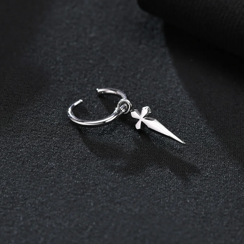 Men Huggie Hoops Earring, Minimal Sword Cross Dangles Earrings, Stainless Steel Men's Biker Jewelry - Image 4