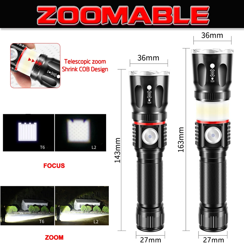 Мощный светодиодный фонарик с зарядкой от USB, фонарь L2 T6, светодиодный фонарь, магнитный COB светодиодный фонарик, фонарик с зумом, аккумулятор 18650