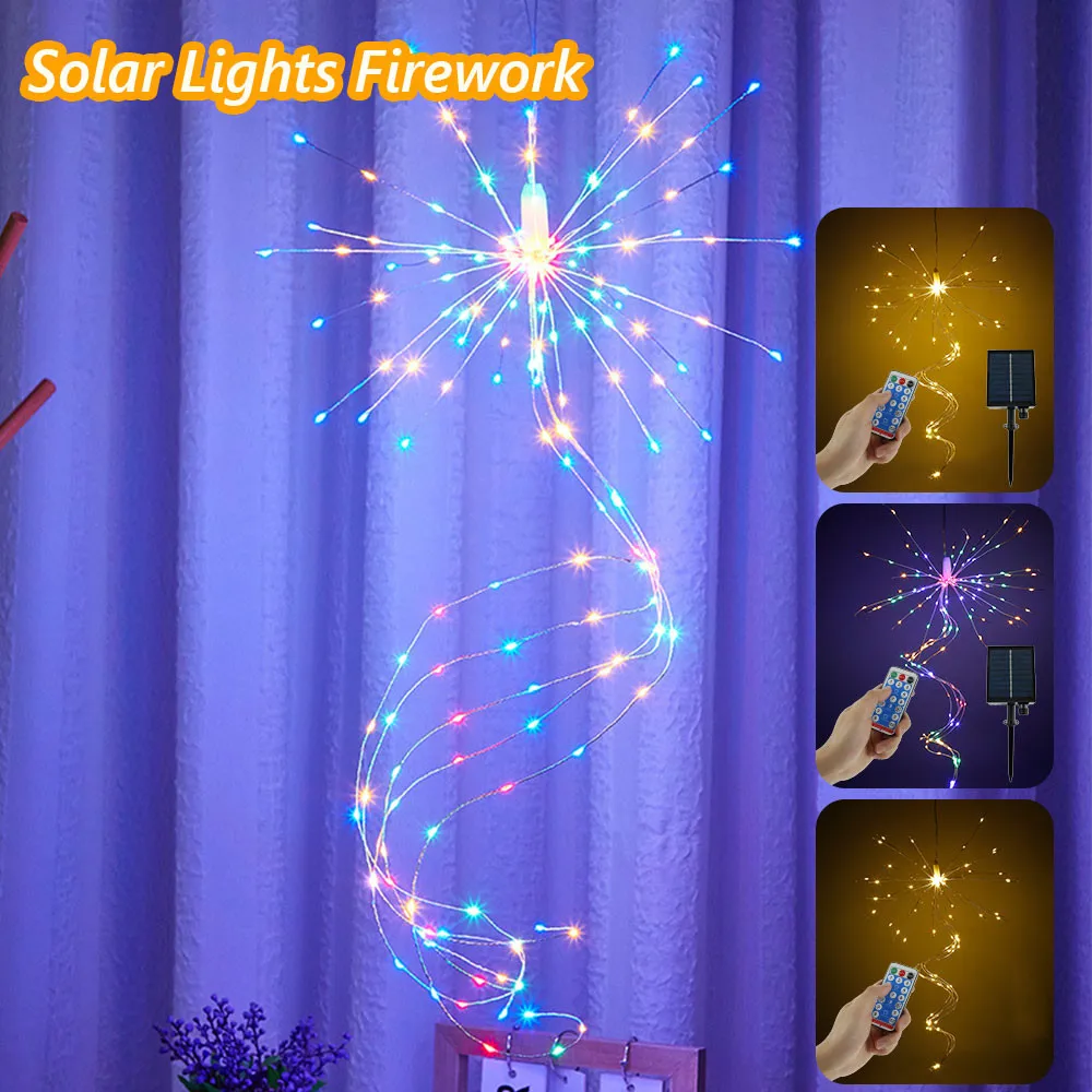 New Solar Led Firework Copper Wire String Lights Outdoor Waterproof 8 Modes Remote Fairy Lights Home Garden Christmas Decoration outdoor solar string lights solar powered fairy lights 8 modes solar copper wire fairy lights for christmas xmas patio