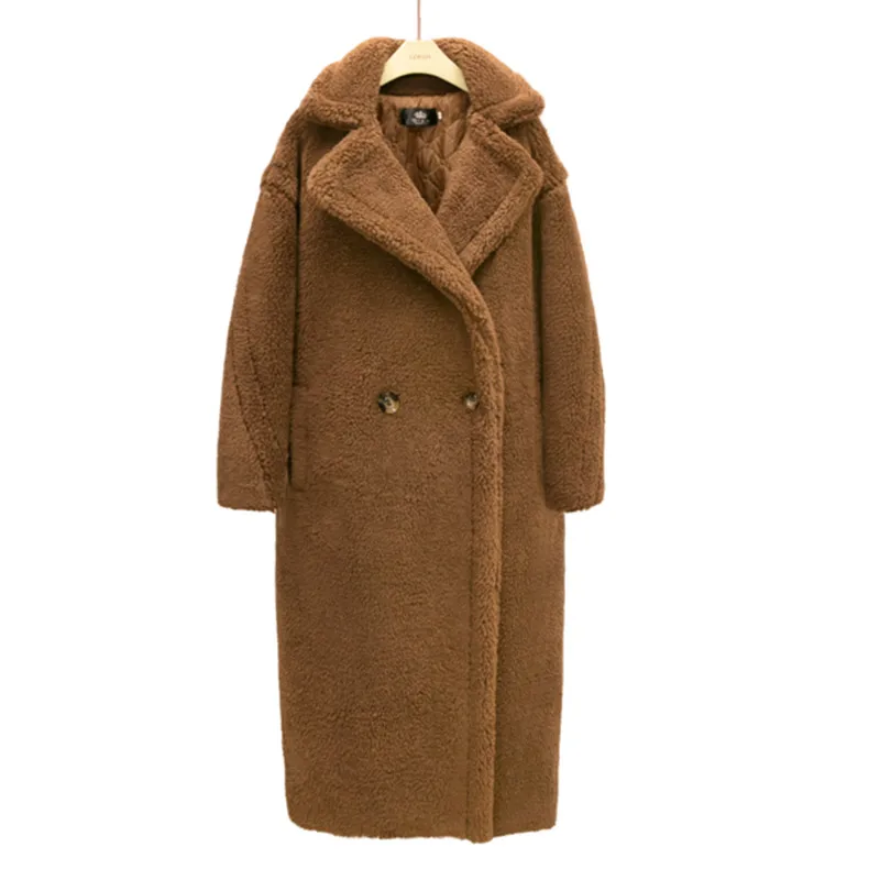Тедди пальто кокон форма с длинными рукавами ягнята зимнее шерстяное пальто из искусственного меха утолщение теплая длинная куртка женская Свободная куртка верхняя одежда - Цвет: Coffee