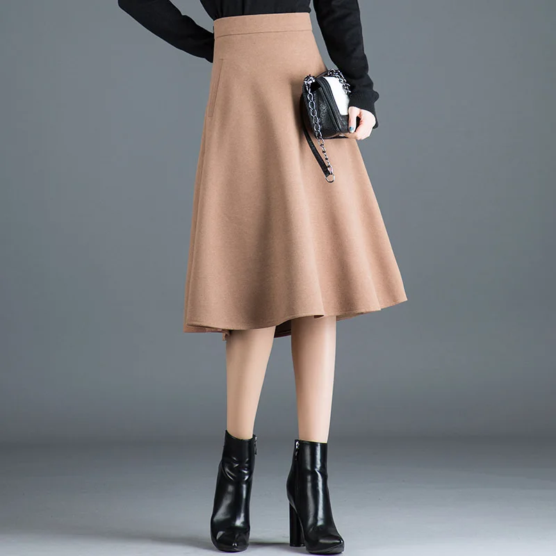 

Autumn Winter Midi Woolen Skirt Women Korean Edition High Waist Solid Pocket A Line Skirt Elegant Office Lady Skirt Plus Size