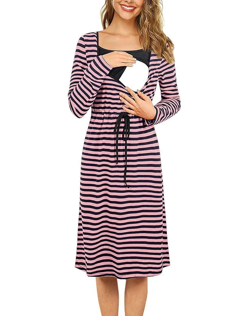 Pregnant Woman Dress Autumn and winter long striped breastfeeding home Fashion maternity dress