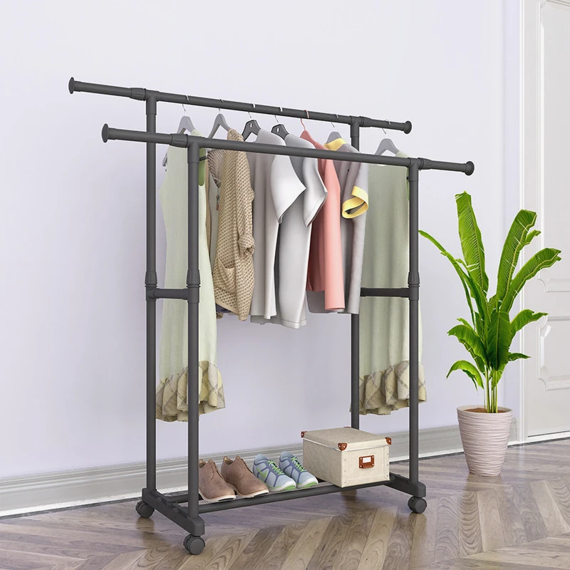 

Floor Drying Rack Double Rod Telescopic Lifting Mobile Clothes Rail Clothes Rack Hanger Reinforced Minimalist Coat Rack