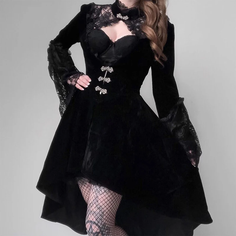 Comprar Goth negro oscuro Vintage gótico Halloween vestidos malla otoño 2019 invierno plisado vestido femenino ahueca hacia fuera estética elegante Chic
