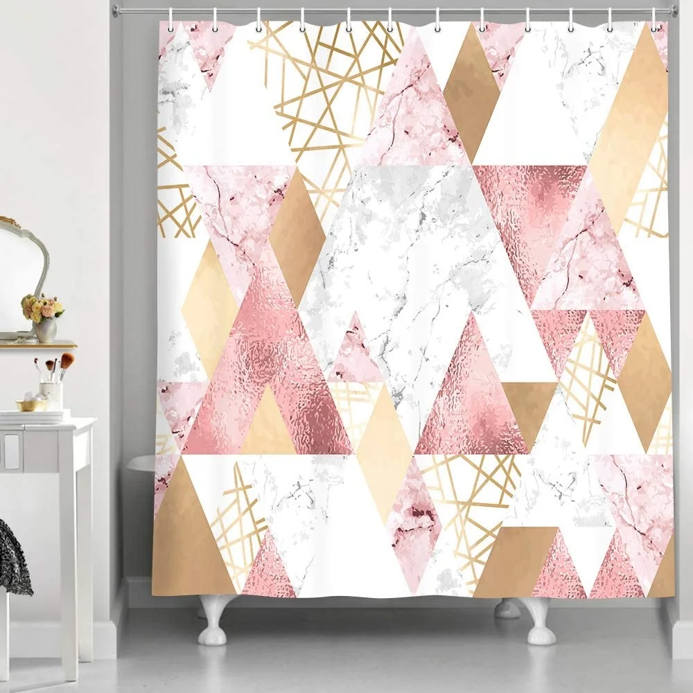 Занавеска для душа с треугольниками из розового золота и серого мрамора