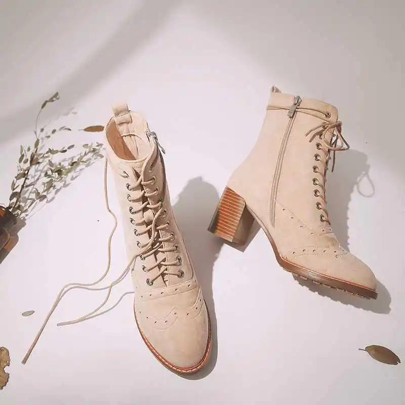 Бежевый krazing pot flock material lace up thick high heels wedding breathable prepp style European career design ankle boots l18 - Цвет: Бежевый