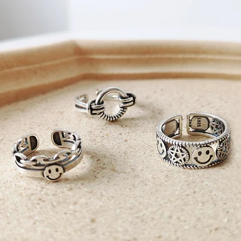 

Vintage 925 sterling Silver Forefinger rings for women Trendy Retro Mashup Chain Smiley Opening Ring Korean Jewelry