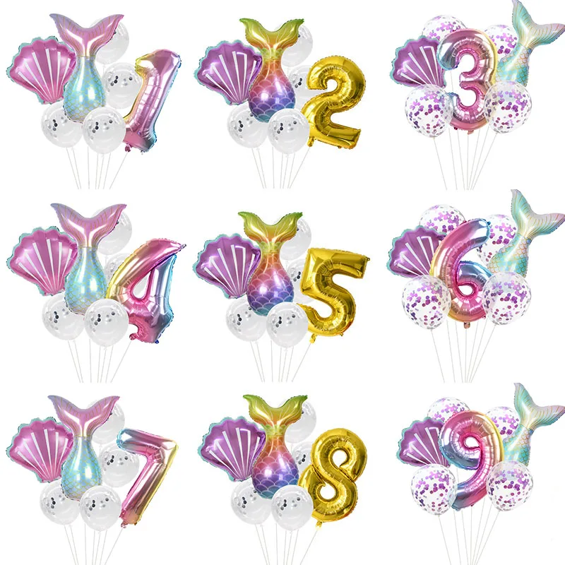7pcs/set Mermaid Number Foil Balloons Baby Shower Wedding Kids Birthday Decor Mermaid Theme Party Supplies Globos