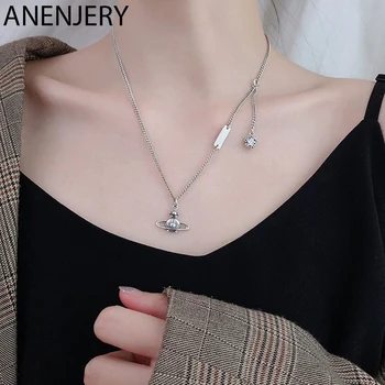 

ANENJERY Vintage Good Luck Universe Saturn Clavicle Chain Long Tassel Necklace With Star Zircon Pendant For Women S-N644