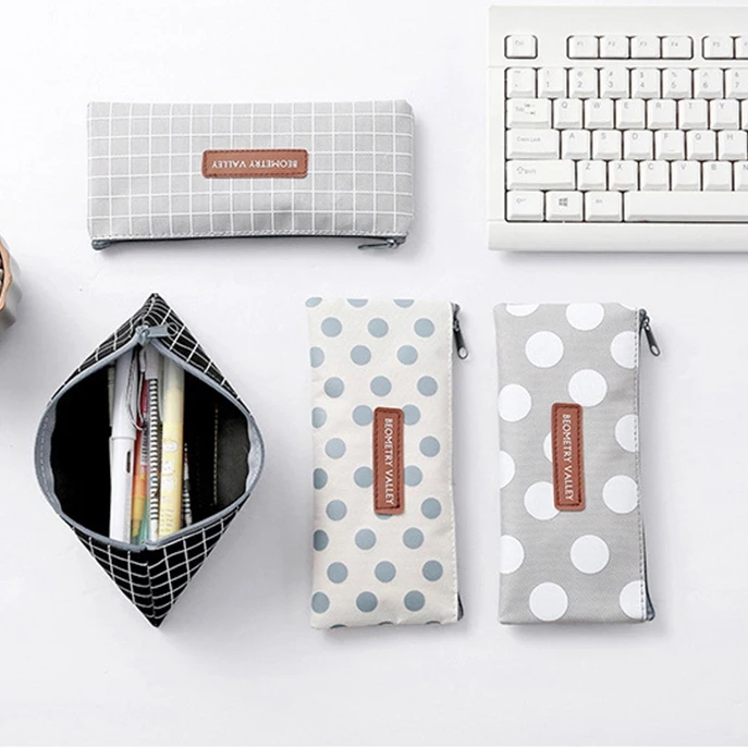 

1Pcs Kawaii Canvas Striped Grid Pen Bag Pencil Case Pouch for Office Students Kids Simple Large Capacity Stationery Bag