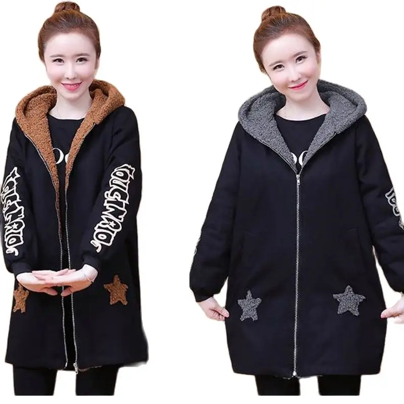 

New Autumn Winter Add Velvet Thicken Women's Cotton Coat Mid-Length Splicing Zipper Hooded Loose Casual Ladies Jacket 5XL