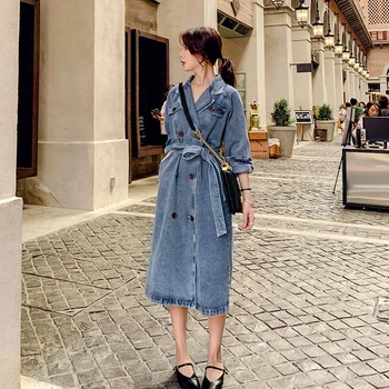 

Double-breasted Denim Windbreaker Women's Straight Long Section Over The Knee 2020 Autumn New Waist Temperament Jacket