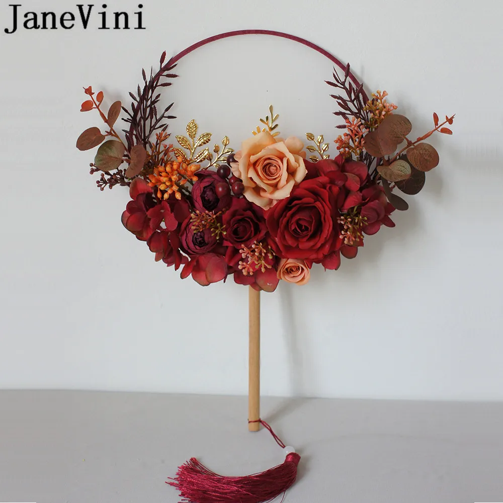 JaneVini Artificial Flowers Bridal Fan Retro Burgundy Fleurs Rose Wedding Bouquet Charm Ancient Chinese Bride Hand Fans Tassel