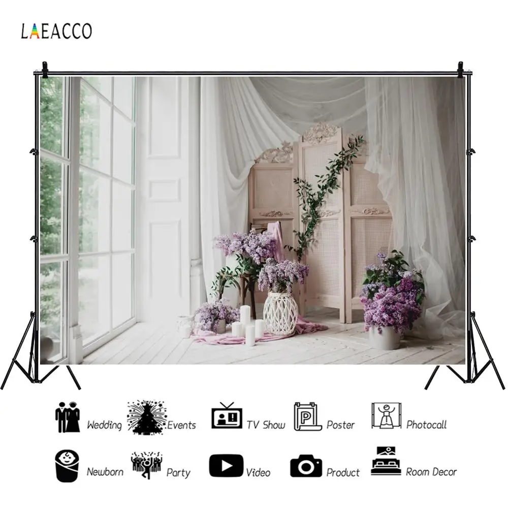 

Laeacco Chic Wall Living Room Lavender Flower Window Screen Curtain Tree Photography Backdrop Photo Background For Photo Studio