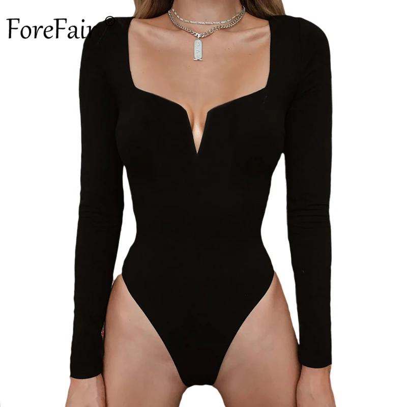 

Forefair V Neck Sexy Bodysuit for Women Winter Autumn 2019 Tops Clubwear Long Sleeve White Black Sheath Bodycon Body