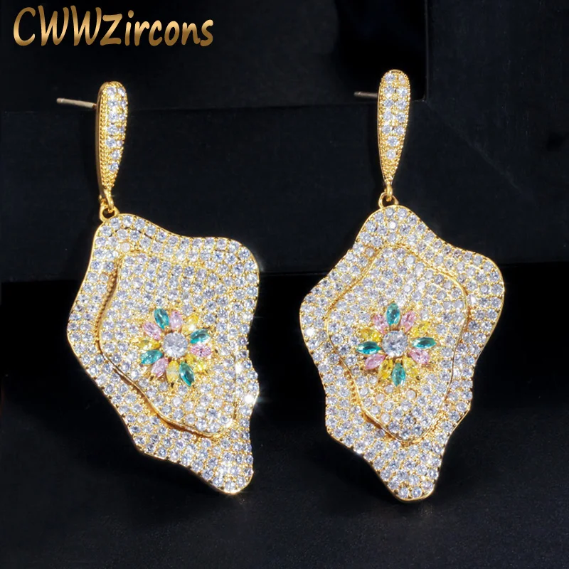 

CWWZircons Fancy Cubic Zirconia Crystal Luxury Geometric Flower Long Drop Dubai Silver Gold Earrings for Women Jewelry CZ619