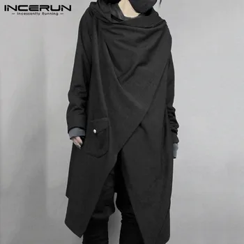 

INCERUN Fashion Men Cloak Cape Punk Style Solid Irregular Coats Loose Long Sleeve Streetwear Cotton Japanese Style Men Trench