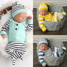 Одежда для малышей осенняя одежда для новорожденных футболка с длинными рукавами для маленьких мальчиков и девочек топы штаны в полоску и шапочка, комплекты одежды