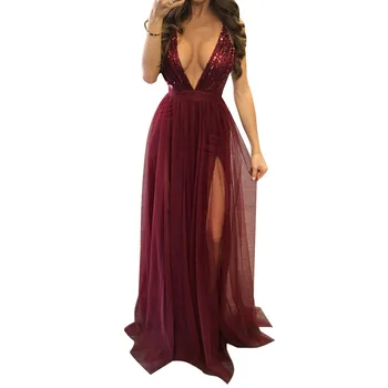

Wine Red Chiffon Deep V Long Party Dress Summer Sexy Backless Split Front Sequined Prom Dresses Gown Pink Robe De Soiree
