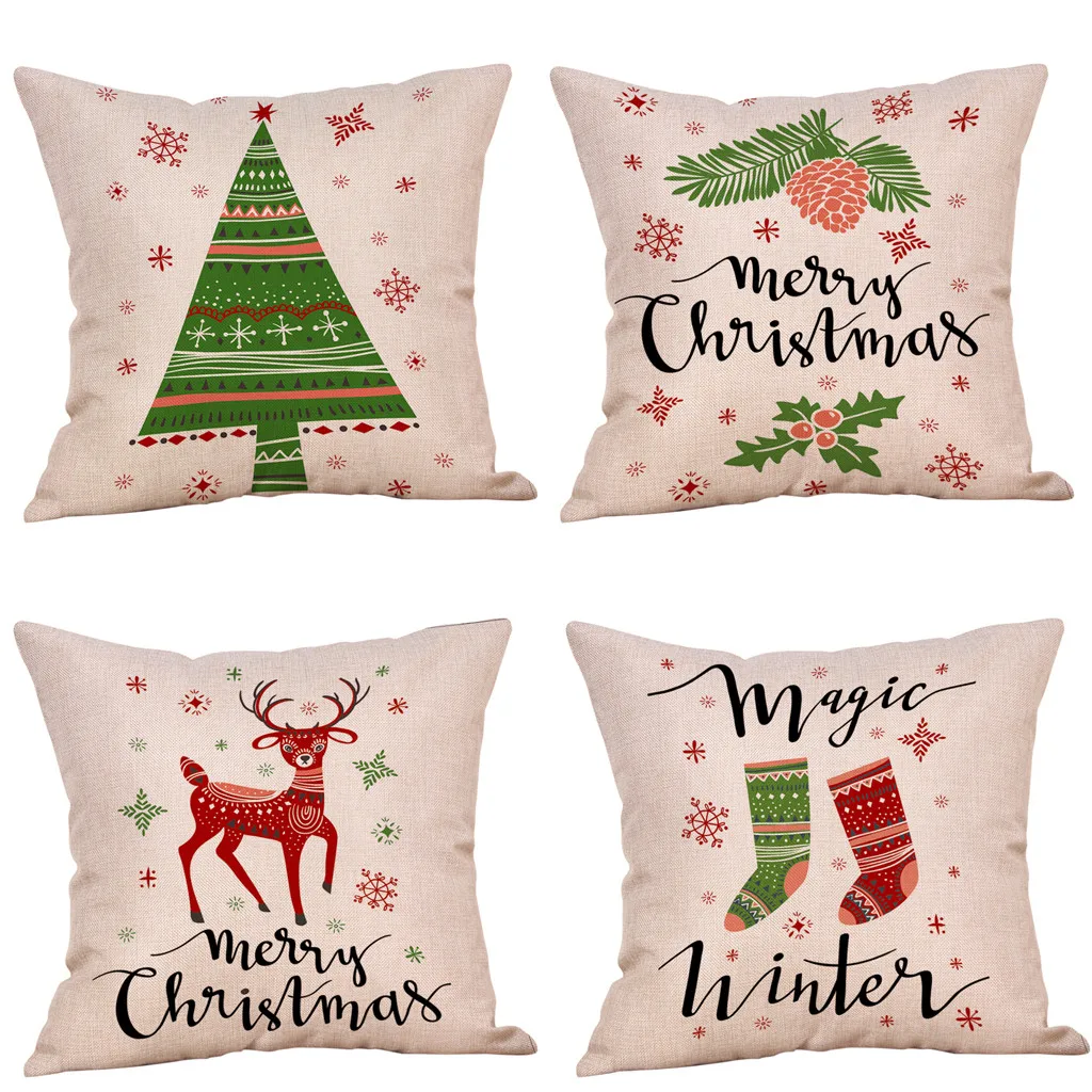 B Pillowcase 4pc Merry Christmas Pillow Cases Cotton Linen Sofa Cushion Cover Home Decor Pillow Cover Poszewka Na Poduszki#20 - Цвет: B