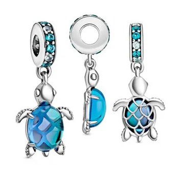 

2020 New 925 Sterling Silver Blue Glass Sea Turtle Dangle Charms Fit Original Pan Bracelet Women DIY Jewelry Pendant Beads