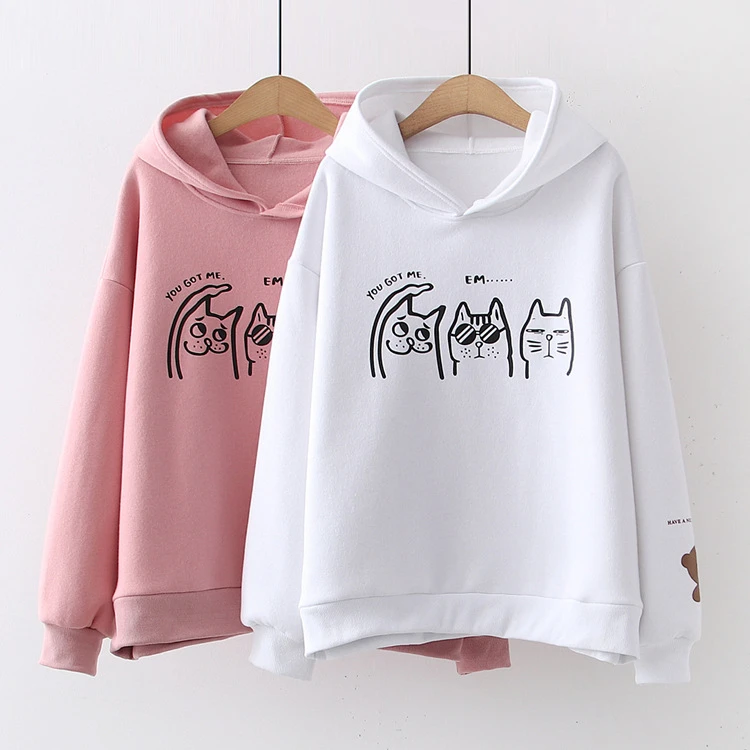 Merry Pretty женские толстовки Harajuku с рисунком кота из мультфильма, толстовки, зимние Лоскутные пуловеры с капюшоном и длинным рукавом, плюс бархатные пуловеры
