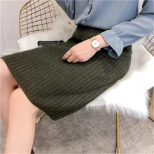 Однотонная женская зимняя юбка, вязанная прямая юбка до колена, юбки с завышенной талией, Повседневная Корейская винтажная юбка в стиле ампир