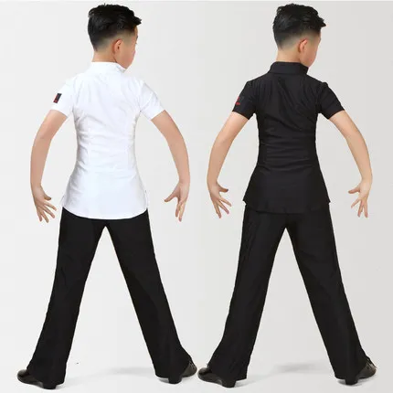 Latin Top Short Sleeve V Collar Boys Rumba Cha Cha Samba Tango Salsa Dancing Shirts Kids Competition Performance Wear