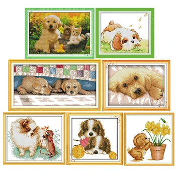 

Dog&friend printed patterns animal cross stitch kits 11CT14CT counted crafts DMC handmade sewing needlework embroidery set decor