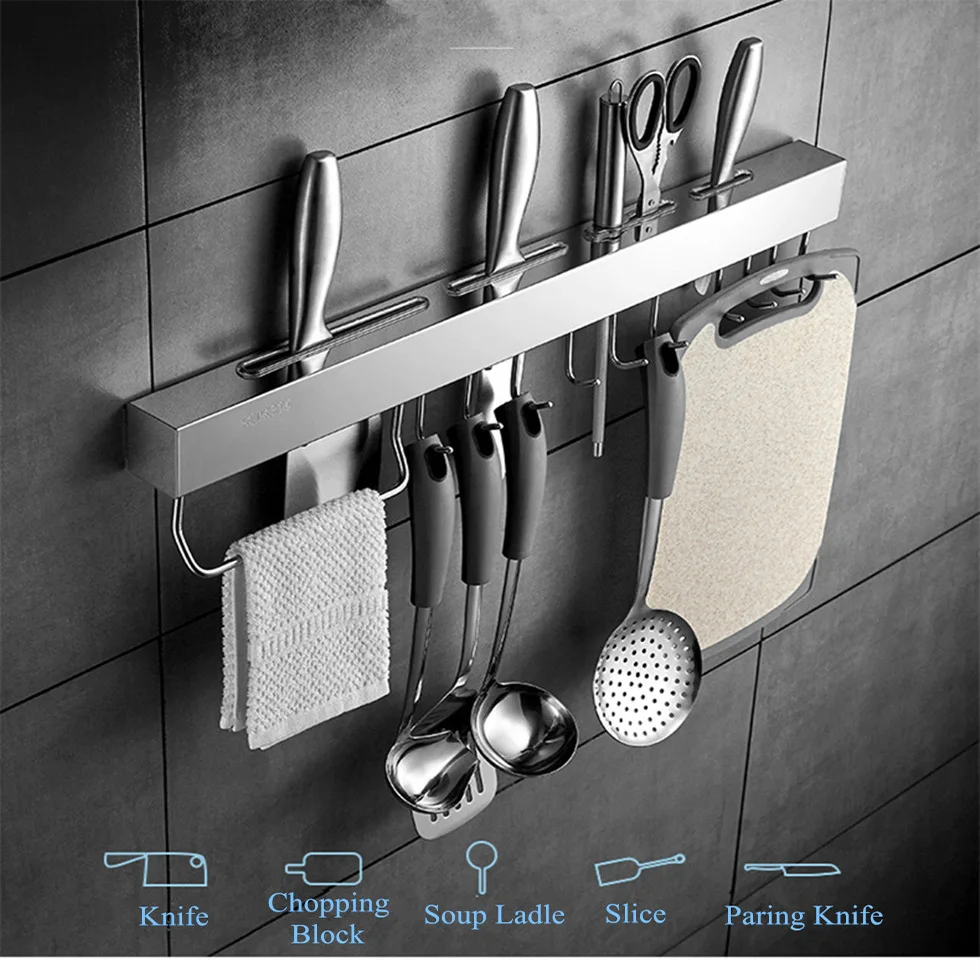 Stainless Steel Kitchen Shelf Tools Utensil Holder Hanging Rack Pantry Organize Pans Knife Gadgets Wall Mounted Cabinet Shelf