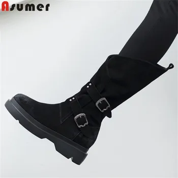 

ASUMER 2020 Newest mid calf boots women suede leather buckle zip flat platform shoes autumn winter Motorcycle Boots female
