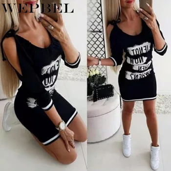 

WEPBEL Women's Dress Spring New Fashion Low-cut Short Dress Fashion Letter Print Slim Long-sleeved Hollow-out Dress Casual Dress