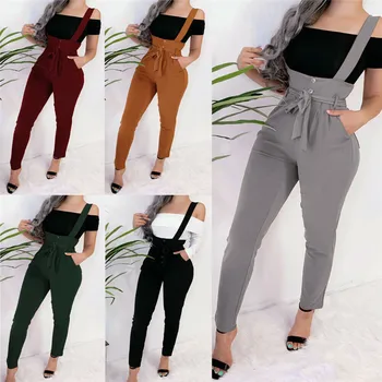 

Autumn Summer Fashion Women Overall Outfit Sleeveless Solid Belted Strap Jumpsuit Bib Pants High Waist Suspender Pencil Trousers