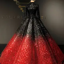 Двухцветные блестящие вечерние платья с блестками, пышная юбка с высоким воротником и длинным рукавом, мусульманское арабское роскошное бальное платье, платье для выпускного вечера