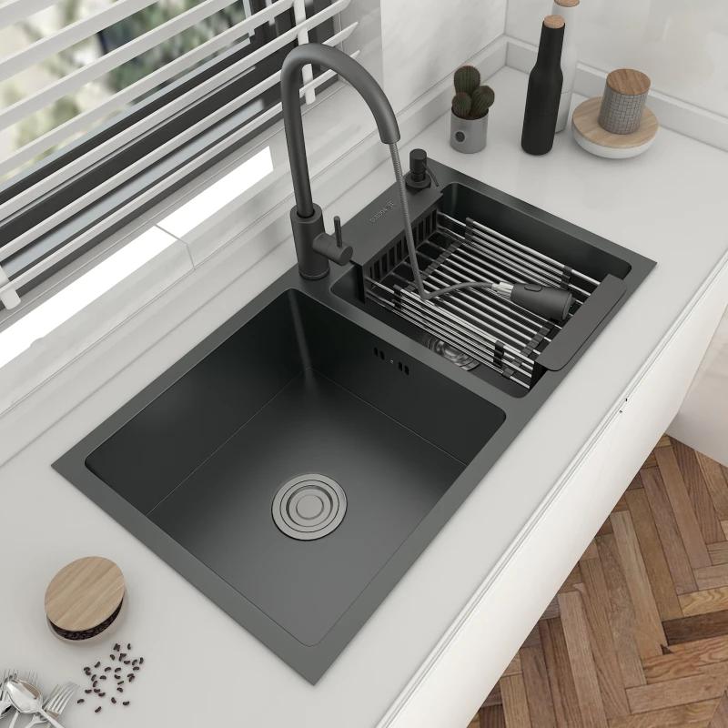 304 Stainless Steel Double Bowl Kitchen Sink Topmount Or Undermount Basin Black-Gray With Drainage Accessories For Home Fixture