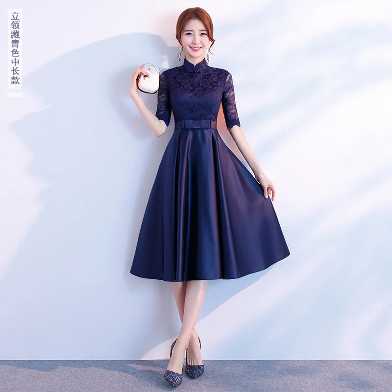 Кружевное вечернее платье Cheongsam Длинные платья Qi Pao Женская традиционная китайская одежда Qipao Продвижение модные китайские вечерние платья - Цвет: Navy collar medium