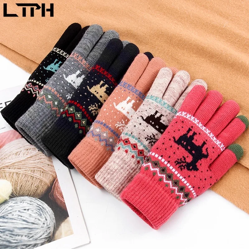 

LTPH Christmas Gloves winter drawn Suede thick warm knitted wool gloves Mittens Fashion touch screen gloves women