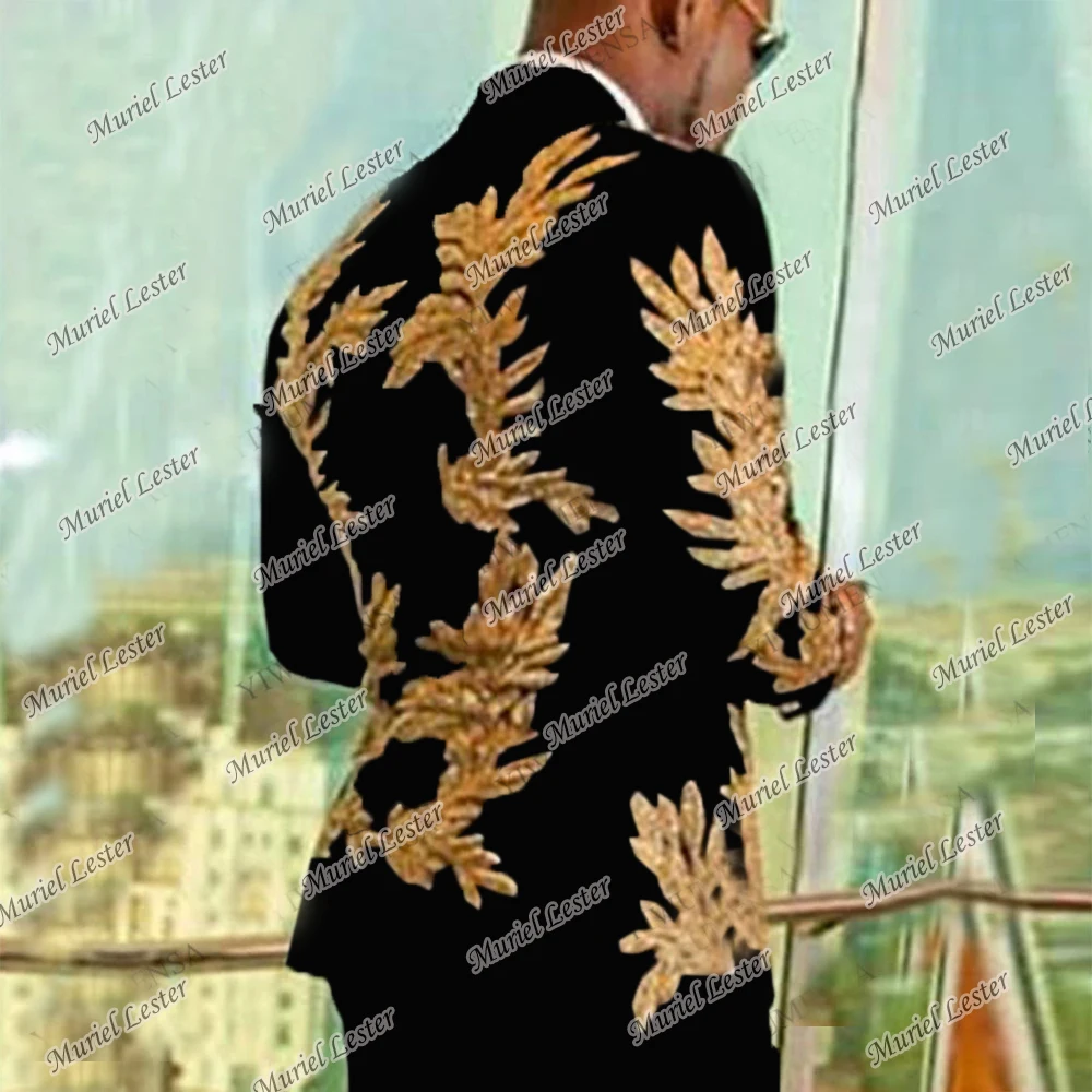 Gold Appliques White Men Suits For Wedding Black Peaked Lapel Man Jacket Pants Slim Fit 2 Pieces Set Groom Tuxedos Customized 6