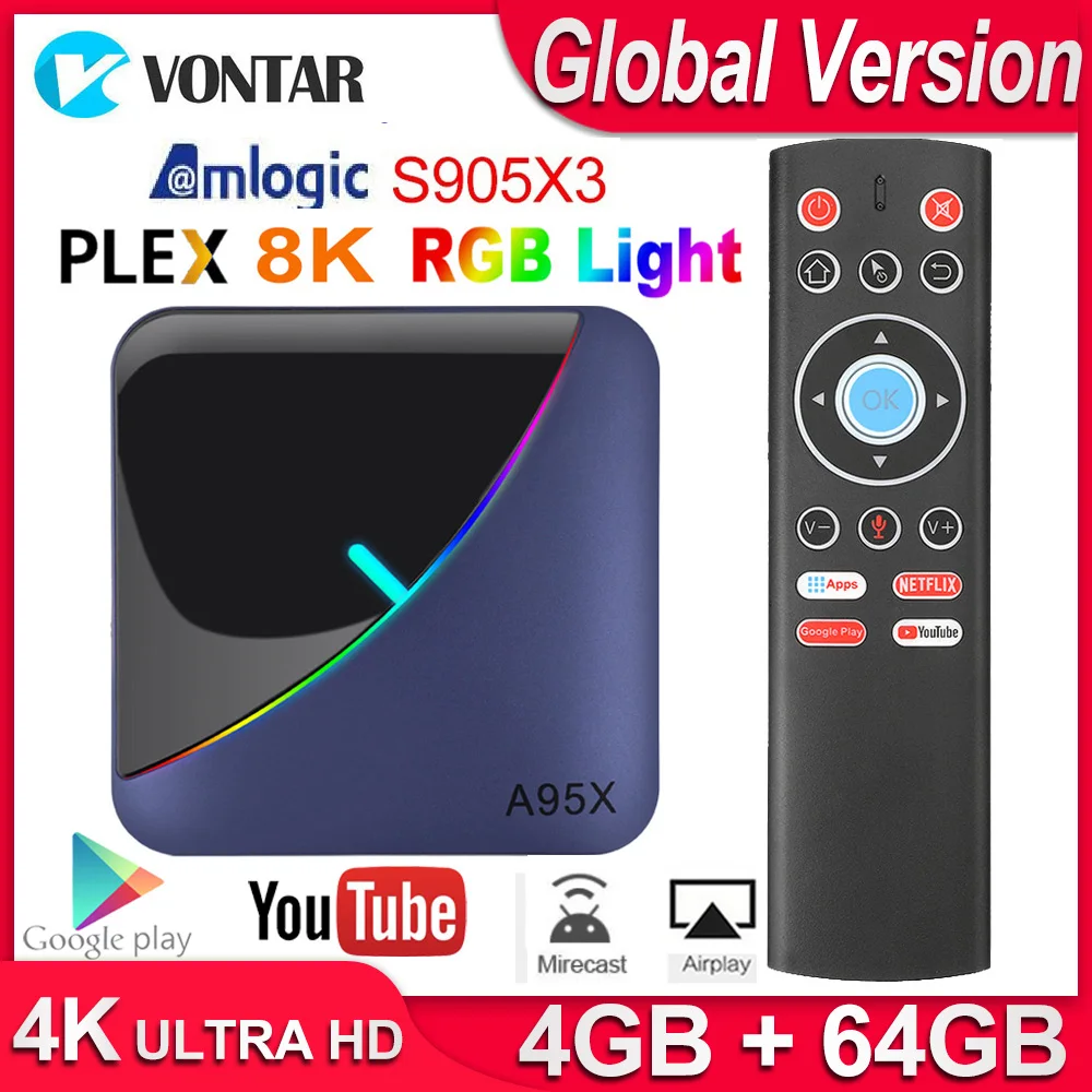 Billig A95x F3 RGB Licht TV Box Android 9.0 Max 4GB 64GB Amlogic S905X3 Smart TV Box 4K USB3.0 h.265 Netflix Youtube Plex Media Server