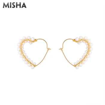 

MISHA Hoop Earring For Women Heart Design Natural Pearl Earrings Earbobs Hoop Earring Jewelry Gifts For Girls Ladies 2337