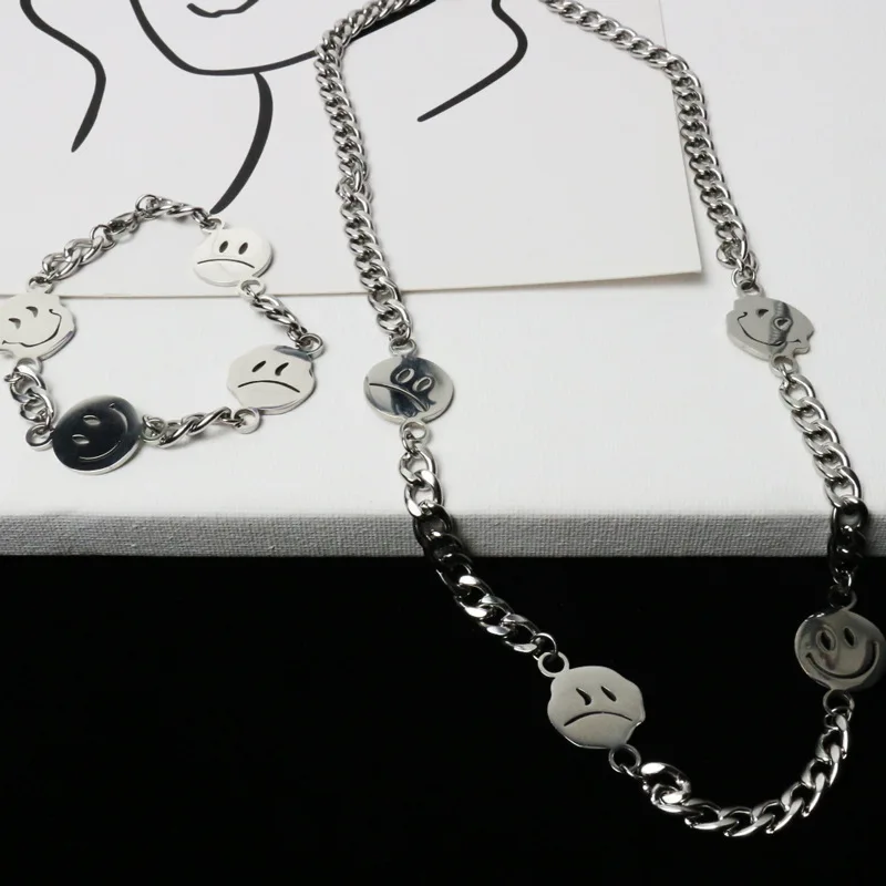 Harajuku Punk Smile Silver Color Crying Face Chain Street Hip Hop Stainless Steel Necklace Bracelet For Women Girl Men Jewelry | Украшения